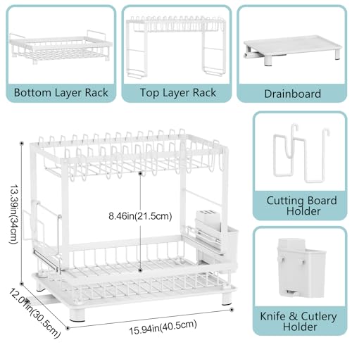 Multifunctional Dish Drying Rack - Rustproof, 2-Tier Dish Racks with Drainboard, Space-Saving Design, Utensil & Cup Holder for Kitchen Counter, White - color: White