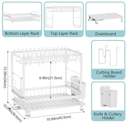 Multifunctional Dish Drying Rack - Rustproof, 2-Tier Dish Racks with Drainboard, Space-Saving Design, Utensil & Cup Holder for Kitchen Counter, White - color: White