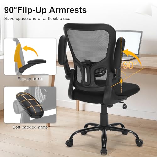 Ergonomic Mesh Office Chair with Adjustable Lumbar Support, Flip-Up Arms & Rolling Swivel Base, Breathable Computer Desk Chair for Home Office, Study & Remote Work, Black