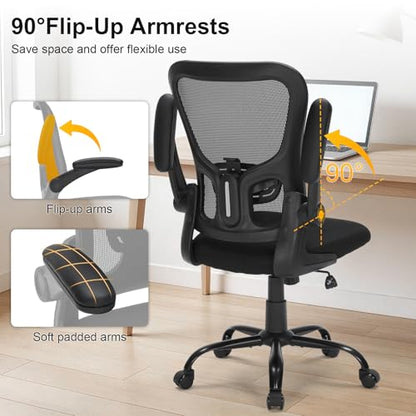 Ergonomic Mesh Office Chair with Adjustable Lumbar Support, Flip-Up Arms & Rolling Swivel Base, Breathable Computer Desk Chair for Home Office, Study & Remote Work, Black