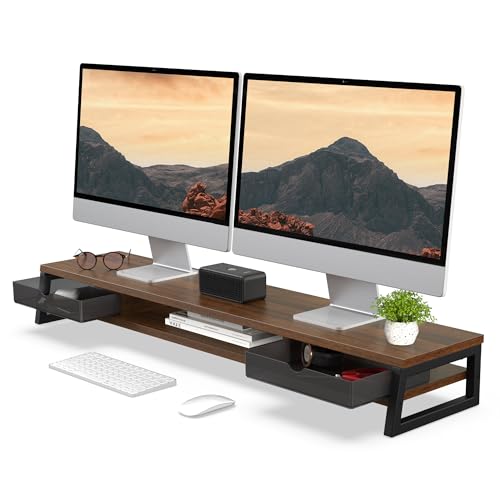 Fenge Dual Monitor Stand Riser, 42.5in Desk Shelf with 2 Drawers, Brown | 2-Tier Monitor Shelf for Desk, Storage Drawer with Stopper, Frosted, fit Home Office, Ultrawide Screen, PC, Laptop, TV - color: Brown