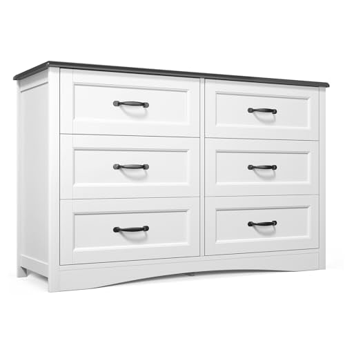 Gizoon 47" 6 Drawer Dresser, White & Black Chest of Drawers Bedroom | 6 drawer wood dresser with metal handles. Storage cabinet organizer for bedroom, kids nursery room and home office - color: White-black