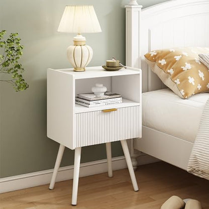 White Nightstand,Modern Bedside Table with Storage Drawer and Open Wood Shelf, for Living Room, Bedroom and Small Spaces, Accent Night Stand with Solid Wood Legs, Easy Assembly,Classic White - color: White