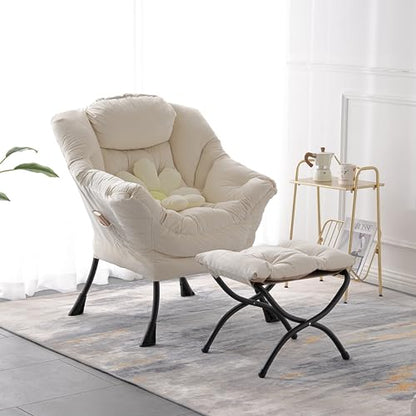 Lazy Chair with Ottoman, Comfy Accent Reading Chair, Velvet Beige | Foldable Footrest,Removable Cover,with Armrests and Side Pockets,Upholstered Lounge Chair for Bedroom,Dorm,Office,Small Space - color: Velvet Beige