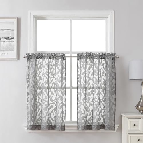 Leia Charcoal Grey Sheer Kitchen Curtains 30 Inch Length 2 Pcs, Leaf Textured Voile Classic Jacquard Tiers, Dual Rod Pocket Window Treatments for Bedroom Living Room, Each Panel 28" W x 30" L - color: Charcoal Grey, size: 28"W x 30"L (Pack of 2)