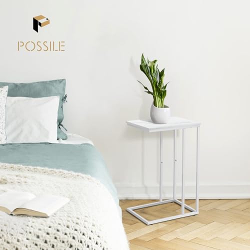 Possile C Shaped End Table Set of 2 for Sofa and Bed, Slide Under Couch Tables, Side Table With Faux Marble Top, Small Under Table Tray for Living Room, Bedroom, White - color: White