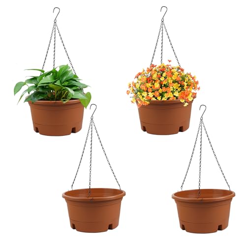 4 Pack 10 Inch Hanging Planters for Indoor Plants with Tray & 15.7" Chain | Hanging Baskets for Plants Outdoor, Round Hanging Flower Pots with Drainage Holes for Garden Home Decor (Terracotta) - color: Terracotta, size: 10 Inch - 4 Pack