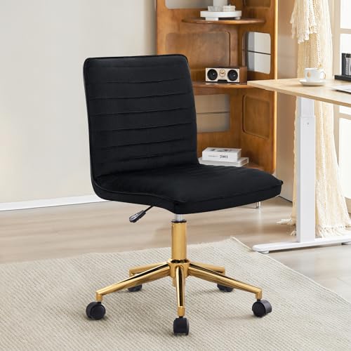 Furnimart Black Swivel Armless Desk Chair with Wheels, Small Velvet Upholstered Home Office Chair Mid-Back Adjustable Chair for Bedroom Dorm Living Room (Velvet-Black) - color: Velvet-black