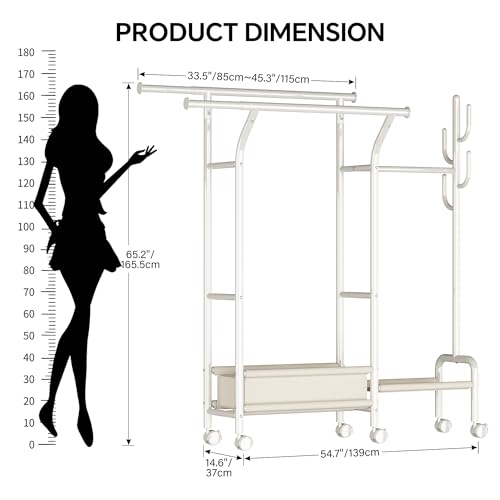 Homeiju Heavy Duty Clothes Rack Load 500LBS, Three Rods Clothing Racks for Hanging Clothes Extendable, Rolling Garment Rack with Sturdy Wheels, Basket, Storage Shelves, White - color: White