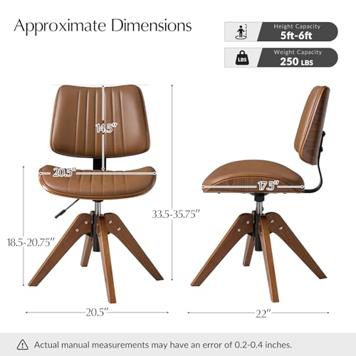 HULALA HOME Faux Leather Home Office Desk Chair No Wheels, Camel | Mid-Century Modern Desk Chair with Wood Legs, 360° Swivel Computer Task Chair with Channel-Tufted Backrest, Height Adjustable - color: Camel