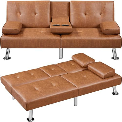 Yaheetech Convertible Futon Sofa Bed Loveseat with Cup Holder, Brown | 3 Angles Sofa, Recliner Chair, Bed, Compact Faux Leather Love Seat for Living Room, Guest Room, Dorm, Small Apartment - color: Brown