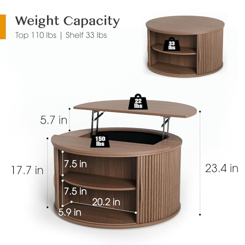 JOINICE Walnut Lift Top Coffee Table with Storage for Living Room,Round | 31.5" Drum Design,Hidden Storage&Open Shelf,Modern Fluted Center Table for Small Apartments,Easy Assembly,Up to 150 lbs - color: Walnut_round_lift Top