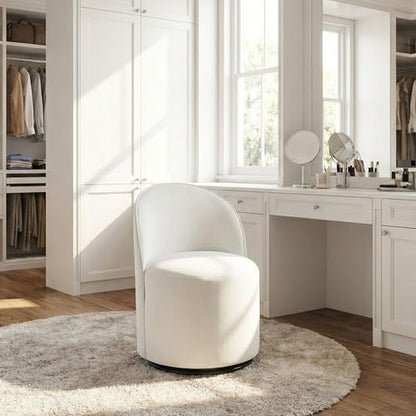 HNY Upholstered Kitchen & Dining Room Barrel Chair, Mid Century Modern Round Velvet Dining Chair, 360 Degree Swivel Comfy Armless Accent Makeup Vanity Side Chair for Bedroom Living Room, White - color: White