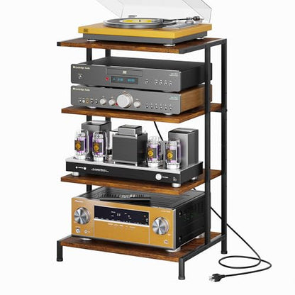 X-cosrack AV Media Stand with Power Strips,4-Tier Stereo Cabinet Audio Rack,Game Console Shelf with Adjustable Shelves,Small Entertainment Center with Larger Tabletop for PS5 Xbox TV Box DVD Players - style: Large and Outlet