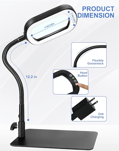 IVMAIE 12X Magnifying Glass with Light and Stand, Rectangular Glass Lens | 5 Color Modes LED Dimmable Lighted Desk Lamp, Flexible Gooseneck Hands Free Magnifier for Reading Crafts Repair Close Work - color: Black