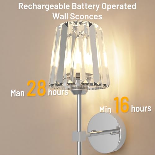 Crystal Battery Operated Wall Sconces Set of 2, Chrome Rechargeable Wireless Wall Lights with Crystal Lampshade, 12 RGB and 3CCT Dimmable Wall Lamps with Remote for Bedroom Living Room Hallway - color: Chrome