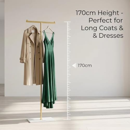 67 in Freestanding Garment Rack, T-Shaped Coat Rack for Bedroom, Entryway, Retail Store, Laundry Room or Closet – Adjustable Height Metal Clothes Stand, Gold - color: A7