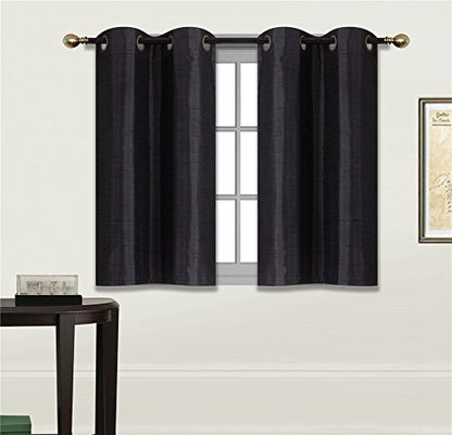Elegant Home 2 Panels Tiers Grommets Small Window Treatment Curtain Faux Silk Insulated Blackout Drape Short Panel 28" W X 36" L Each for Kitchen Bathroom or Any Small Window # D24 (Black) - color: Black