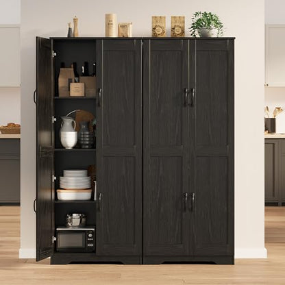 Garvee Tall Pantry Cabinet, 60" Kitchen Storage Cabinet with 2 Doors & Adjustable Shelves, Freestanding Wooden Cupboard for Bathroom，Dining Room, Living Room, Black | Kitchen Storage Cabinet with 2 Doors & Adjustable Shelves, Wooden Cupboard for Bathroom，