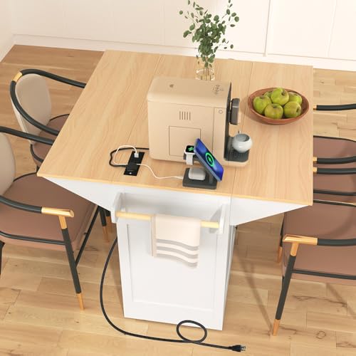 Rolling Kitchen Island with 2 Drop Leaf and Power Outlet, Island Table on Wheels with Towel Rack and Spice Rack, Kitchen Cart with Storage Cabinet and Drawers (White) - color: White