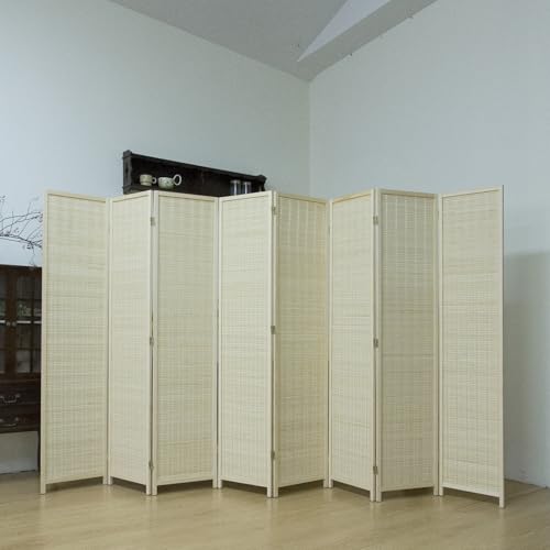 8 Panel Bamboo Room Divider, 5.6 ft Tall Folding Privacy Screen, Freestanding Partition Wall for Room Separation, Natural Beige Divider for Home & Office (67" H x 123" W) - color: Beige, size: 8 Panel
