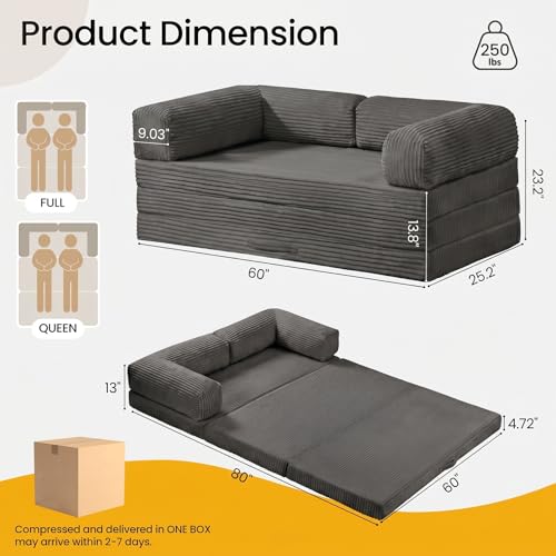 Erament Futon Sofa Bed Queen, Convertible Tri Folding Mattress Couch Bed Foldable with Removable Armrests & Washable Cover, Floor Mattress with High-Density Foam, Small Couch Bed, Queen, Grey - color: Grey, size: Queen