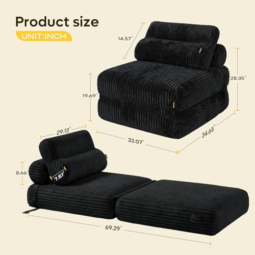 Boneless Folding Sofa Bed, Convertible Sleeper Chair, Black | Boneless folding sofa bed, 3-in-1 sleeper chair & floor couch. Soft corduroy, lumbar pillows, space-saving, no assembly. - color: Black