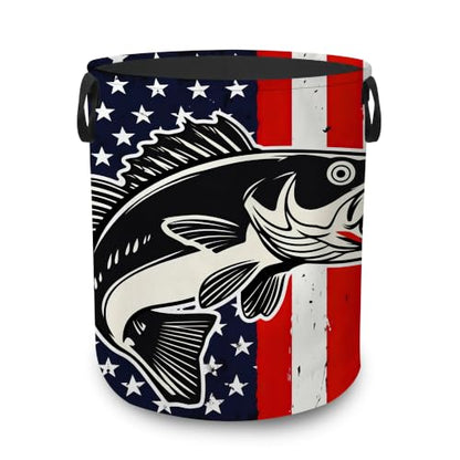 Patriotic Bass Fish Collapsible Laundry Hamper,American Flag Waterproof Oxford Cloth Clothes Basket with Handles for Bathroom Bedroom Nursery Dorm Room,16" x 20" - color: Patriotic Bass Fish,American Flag