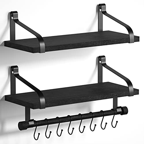 Love-KANKEI 17.3"Floating Wall Shelves Set of 2,Solid Wood,Coffee Bar,Black | Spice Rack,Towel Bar/8 Hooks,39 Lbs/shelf,Easy to Install,For Kitchen,Bathroom,Living Room,Bedroom,Office,Entryway Display - color: Black