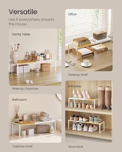 SONGMICS HOME Spice Rack, Expandable Cupboard Shelf Orgnizer,Bamboo | Kitchen Counter Shelves, Bamboo and Steel, Stackable, Cream White and Light Bamboo, BYSTRO Collection UKCS052W01 - color: Light Bamboo + Cream White, size: 1 Pack
