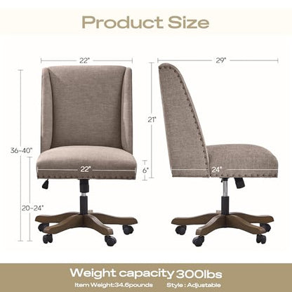 Upholstered Armless Office Chair Fabric Swivel Home Desk Chair with Wheels | Modern Comfy Boho Office Chair with Wooden Legs Adjustable Desk Chair no Arms for Sewing Women Farmhouse Study Studio Brown - color: Brown