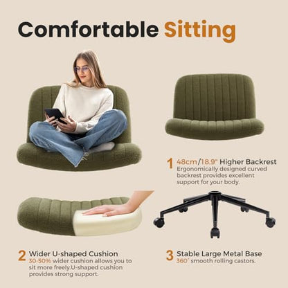 IWMH Criss Cross Office Chair with Wheels Cross Legged Desk Chair Armless | Green Computer Chair Vanity Chair Wide Seat Swivel Task Chair for Home Office Bedroom Make Up Small Space Height Adjustable - color: Teddy Green With Wheels