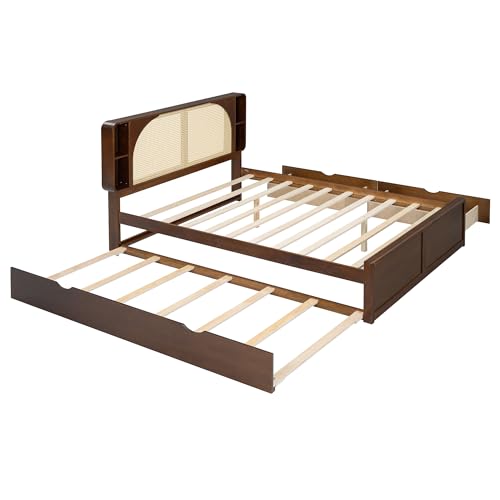 Queen Size Bed Frame with Trundle and Drawers for Aldults, Walnut | Mid Century Bed Frame with Rattan Headboard, No Box Spring Needed, Space Saving