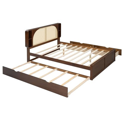 Queen Size Rattan Headboard Bed Frame with 2 Drawers and Trundle, Walnut