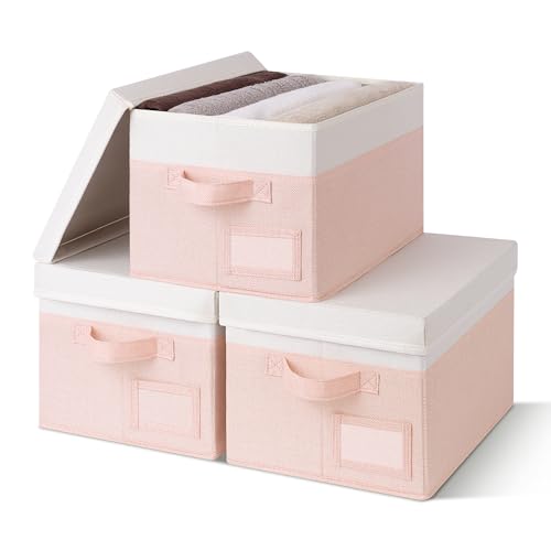 GRANNY SAYS Storage Bins with Lids, Decorative Storage Boxes with Lids | Storage Box with Dust Cover, Handles & Lable, Collapsible, Ideal for Closet Clothes Blanket Toys, Medium, White&Pink, 3-Pack - color: White&Pink, size: Medium