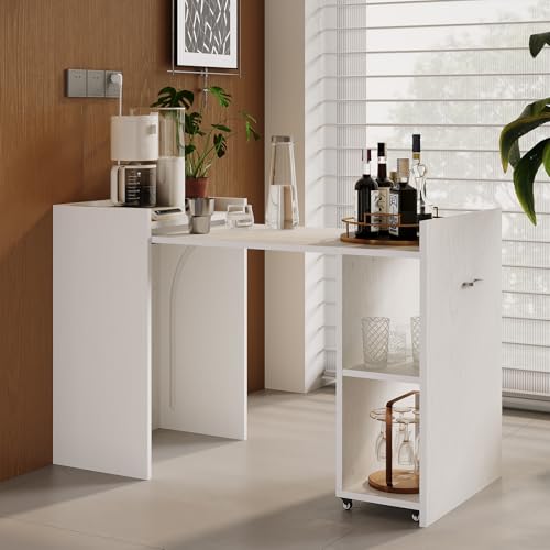 Garvee 50" Folding Dining Table with 10" Storage Cabinet, Extendable Drop Leaf with 2-Tier Shelves and 4 Wheels, Multi-Functional Home Office Desk for Kitchen Room Bedroom, Office, Study