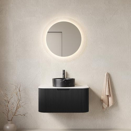 30" Floating Bathroom Vanity with Sink, Wall Mounted Plywood Cabinet, Black Fluted Front, Sintered Stone Countertop, Black Marble-Look Round Ceramic Vessel Sink, Soft-Close Drawer, Pre-Assembled - color: Black Cabinet / Black Marble Sink, size: 30 Inch