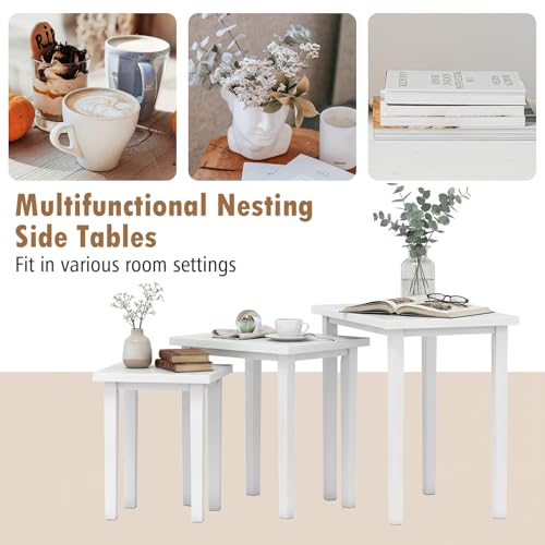 Giantex Nesting Tables Set of 3, Farmhouse Stacking Side Table with Rubber Legs, Wooden Rectangle Accent End Table, Nesting Coffee Tables for Living Room Bedroom (White) - color: White