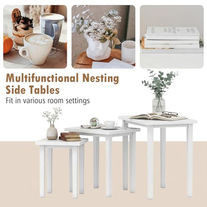 Giantex Nesting Tables Set of 3, Farmhouse Stacking Side Table with Rubber Legs, Wooden Rectangle Accent End Table, Nesting Coffee Tables for Living Room Bedroom (White) - color: White