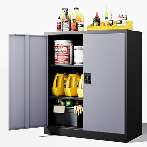 Metal Storage Cabinets with Lock Door,2 Adjustable Shelves Organizer Steel Storage Cabinets for Home,Office,Warehouse,Garage,Employee Lockers(Black Gray) - color: Black Grey, size: 16"D x 32"W x 36"H