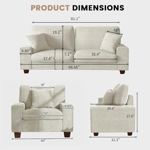 DOPEDIO 88.58" Sofa Set, Chenille Loveseat & 2 Accent Chairs, Beige | Modern chenille sofa set with removable covers, spring cushions, solid wood frame, easy assembly for comfortable living rooms - size: 88.58 inch + 2 Single, style: Beige Chenille