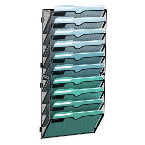 10-Tier Wall File Organizer, Hanging File Holder, Wall Mounted Mail Sorter | Metal Mesh Hanging File Organizer with Open Compartments and Label Panels for Papers and Folders at Home, Office or School - size: 10-Tier