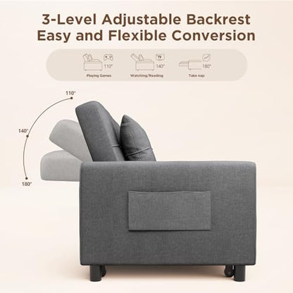 Aiho 54" Sleeper Sofa Bed, Pull-Out Couch, Dark Gray | Pull-out Sofa Bed with Adjustable Backrest and Side Pocket, Ideal for Apartments, Guest Rooms and Living Rooms - size: 2 Seater