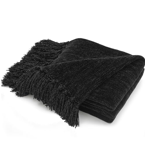 RECYCO Chenille Throw Blanket for Couch, 50"x60", Black | Super Soft Knit Throw Blanket with Fringe Tassels, Lightweight Knitted Throw, Cozy, Ideal for Sofa Chair Bed Living Room Gift - color: Black, size: 50'' X 60''
