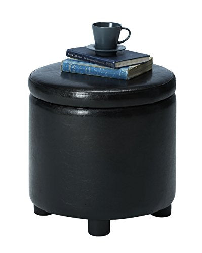 Designs4Comfort Round Accent Storage Ottoman in Black Faux Leather Fabric - color: Black