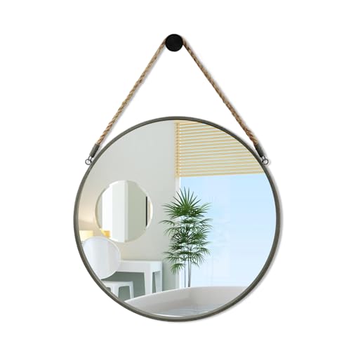 POZINO Round Hanging Mirror with Rope, 15" Grey Metal Frame Circle Wall Mirrors, Small Farmhouse Decorative Mirror for Entryway, Living Room, Fireplace, Bedroom, Bathroom - color: Grey, size: 15"L x 15"W