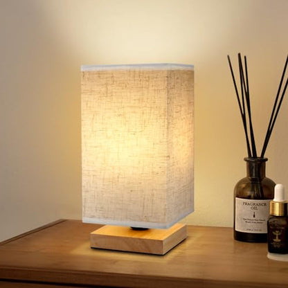 Small Square Bedside Table Lamp for Bedroom, Minimalist Wood Base & Round Fabric Shade, Mini Cute Cozy Warm Nightstand Boho Lamp, Study Desk Night Stand Light for Room, Dorm, Nursery, Living Room - size: Square - Set of 1
