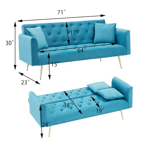 71" Modern Velvet Sofa Bed Futon, Convertible Sleeper Couch, Adj. Backrest | Tufted Recliner Loveseat Design with Golden Chrome Legs & 2 Pillows, Perfect for Small Spaces, Living Room, Apartment - color: Light Blue