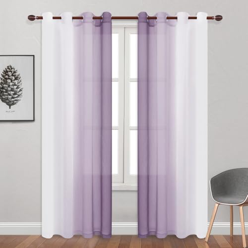 DWCN Lavender Faux Linen Ombre Sheer Curtains - 84 inches Long Gradient Semi Voile Curtains for Bedroom and Living Room, Set of 2 Grommet Top Window Curtain Panels, 52 x 84 Inches Long, Lavender - color: Lavender, size: 52"W x 84"L (Pack of 2)