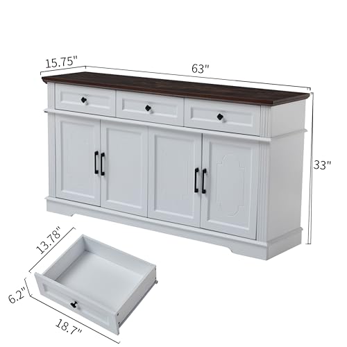 63" White Buffet Sideboard Cabinet 4 Doors and 3 Drawers Storage Cabinet | Modern Farmhouse Kitchen Coffee Bar Cabinet with Adjustable Shelves, Living Room Storage, Dining Room - color: White, size: 33"(H) x 63"(W) x 15.75"(D)